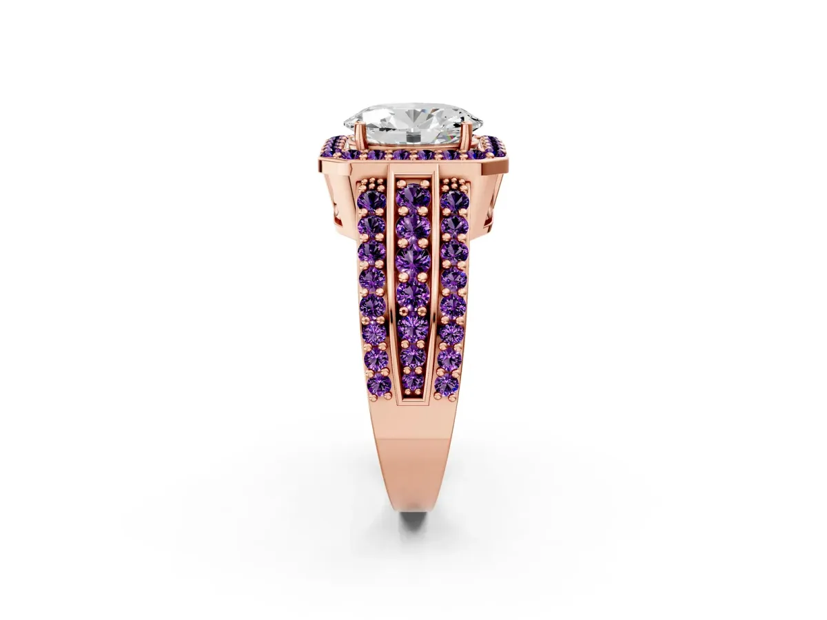 Oval Cut Halo Diamond Ring with Round Amethyst Split Shank and Prong Setting Rose gold