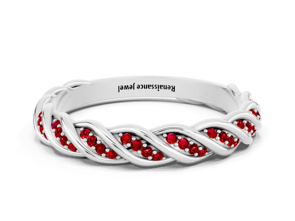 Twisted Pavé Round Ruby Eternity Band with Shared Prong Setting Silver
