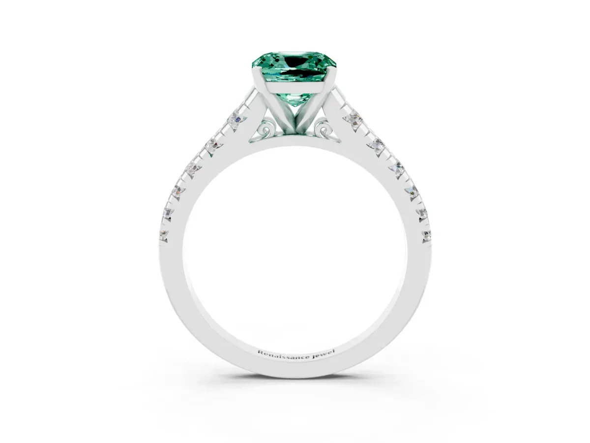 Cushion Cut Green Sapphire Cathedral Solitaire Ring with Round Pavé Band Silver