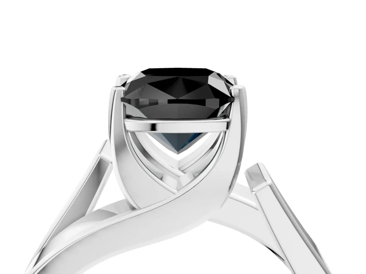 Fancy Black Modern Tension Set Cushion Cut Diamond Solitaire Wide Band Ring Silver