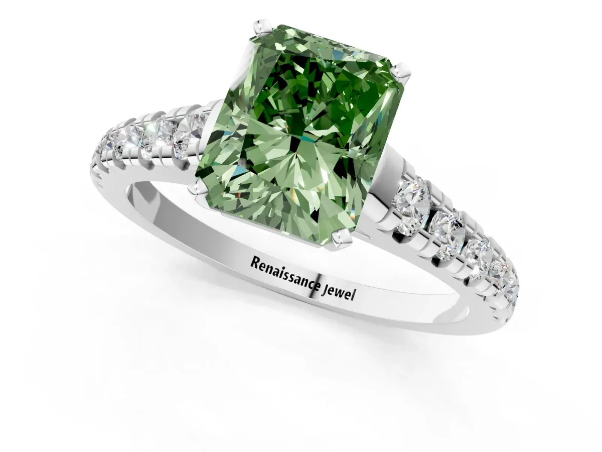 Fancy Green Radiant Cut Diamond Cathedral Solitaire Ring with Round Pavé Band Silver