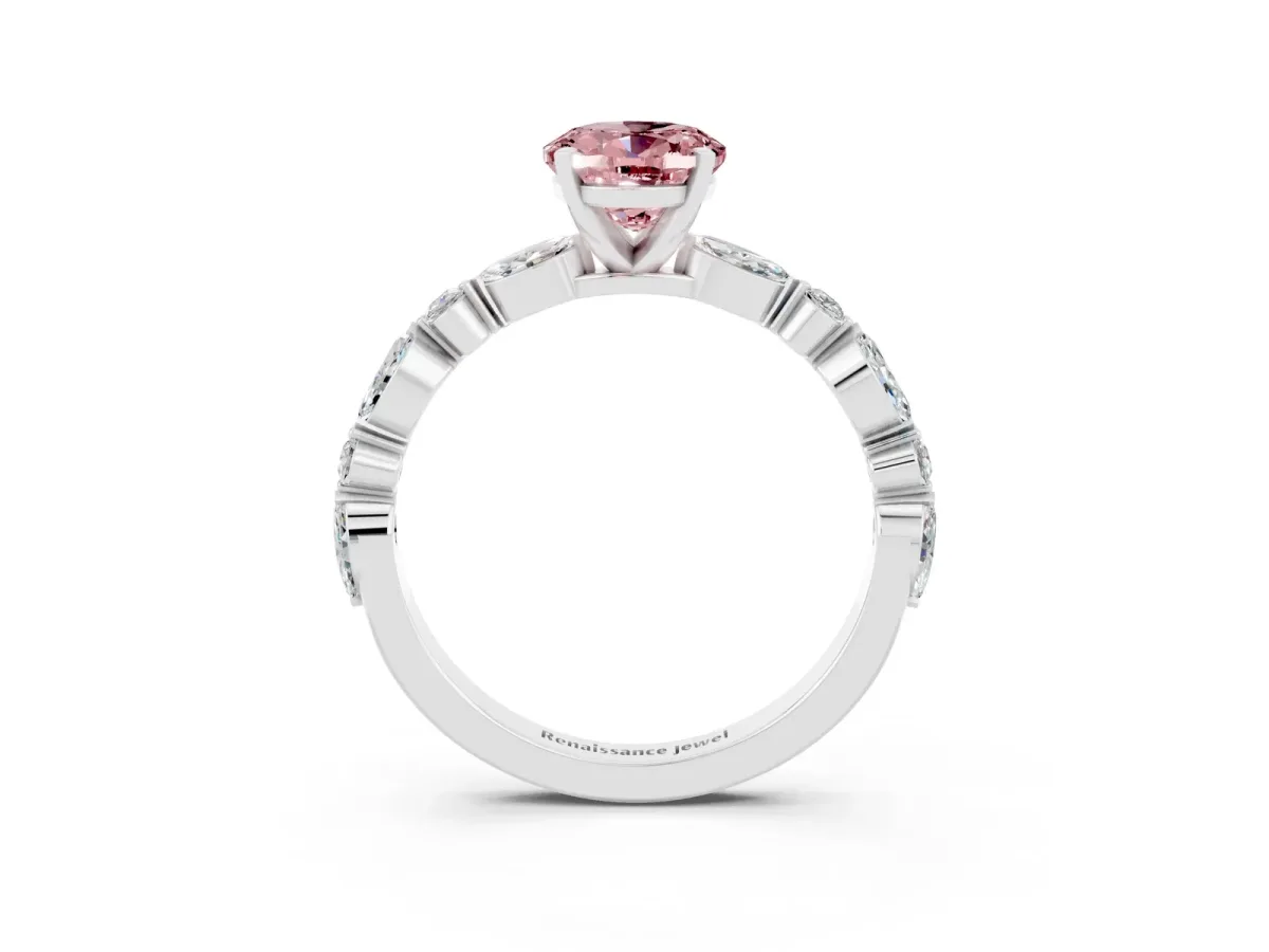 Oval Cut Morganite Ring with Marquise and Round Side Stones and Four-Prong Setting Silver