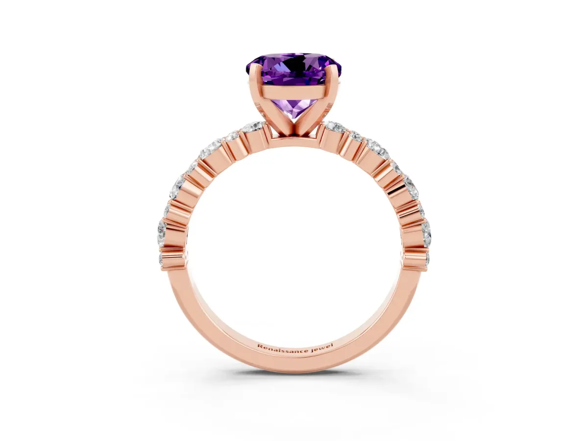 Round Cut Amethyst Side Stone Solitaire Ring with Round and Four-Prong Setting Rose gold