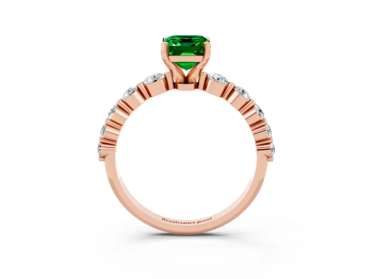 Emerald Cut Solitaire Emerald Ring with Pave Band and Four-Prong Setting Rose gold
