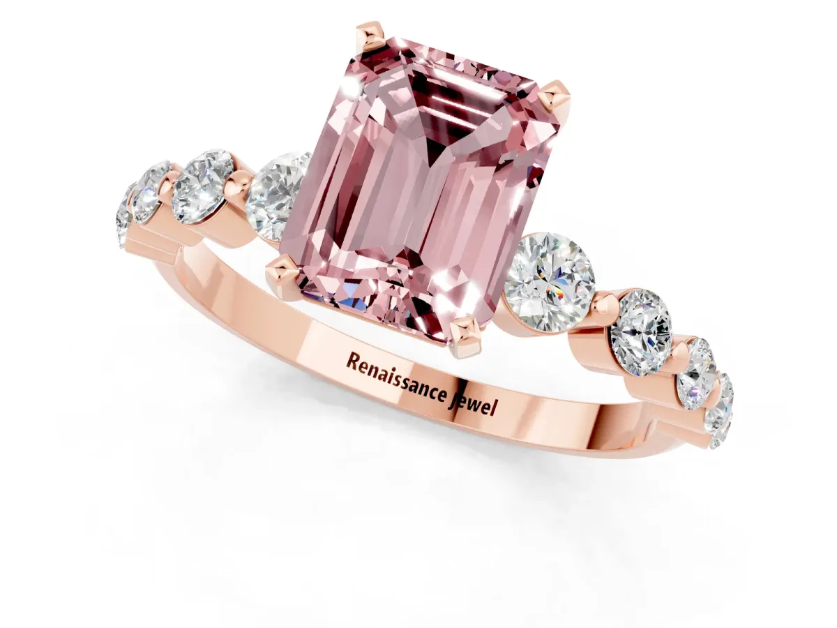 Emerald Cut Solitaire Morganite Ring with Pave Band and Four-Prong Setting Rose gold