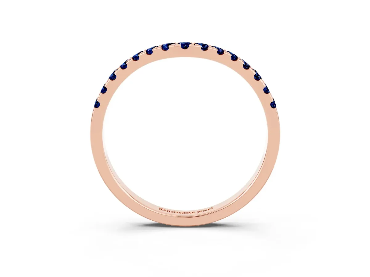 Curved Pavé Round Blue Sapphire Wedding Band with Shared Prong Setting Rose gold