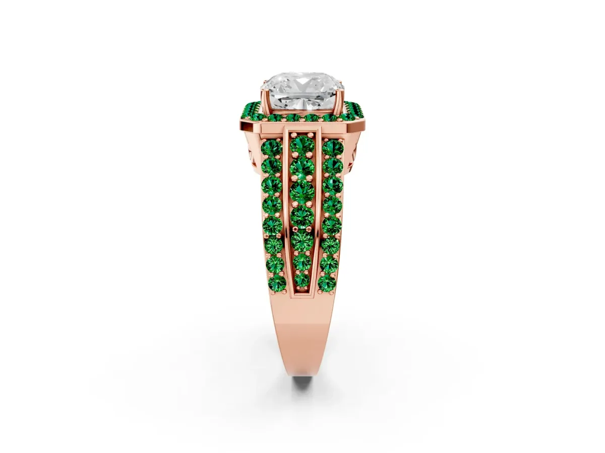 Cushion Cut Halo Diamond Ring with Round Emerald Split Shank and Prong Setting Rose gold