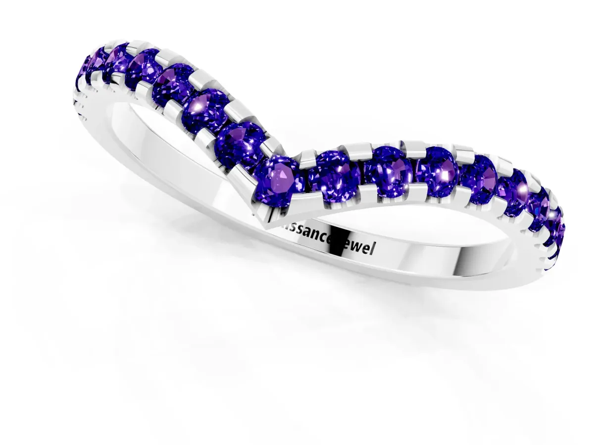 Pavé Round Tanzanite Chevron Band with Shared Prong Setting Platinum