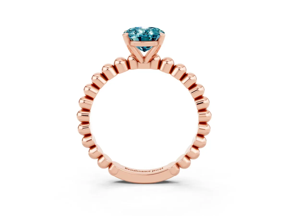 Oval Cut Blue Topaz Solitaire Ring with Beaded Band and Prong Setting Rose gold