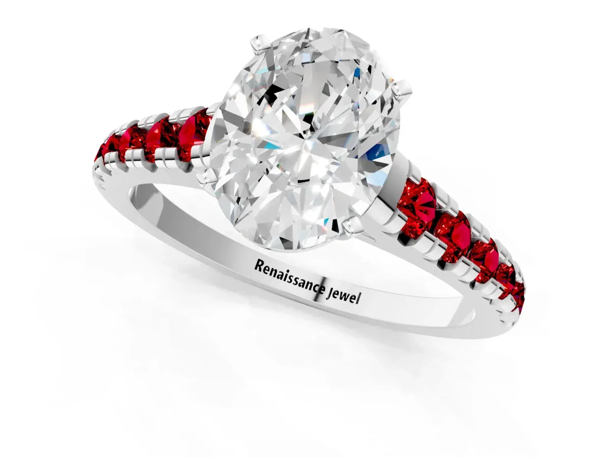 Oval Cut Diamond Cathedral Solitaire Ring with Round Ruby Pavé Band Silver