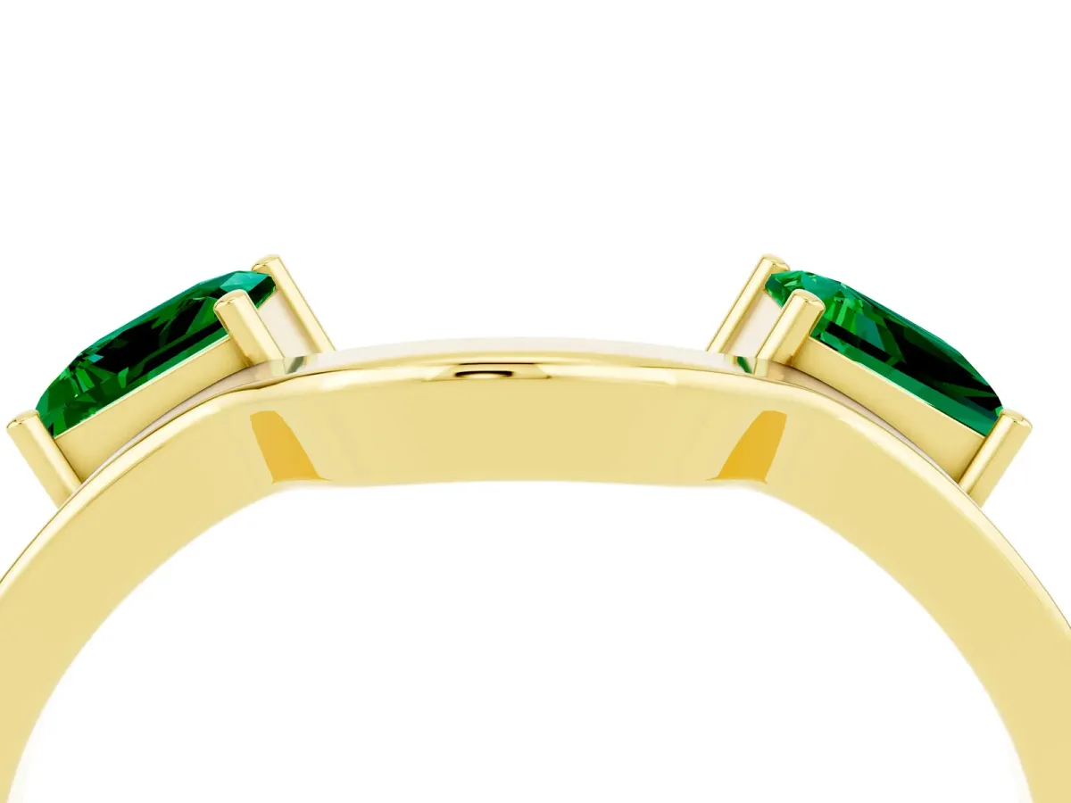 Princess Cut Emerald Two-Stone Open Band Ring with Four-Prong Setting Yellow gold