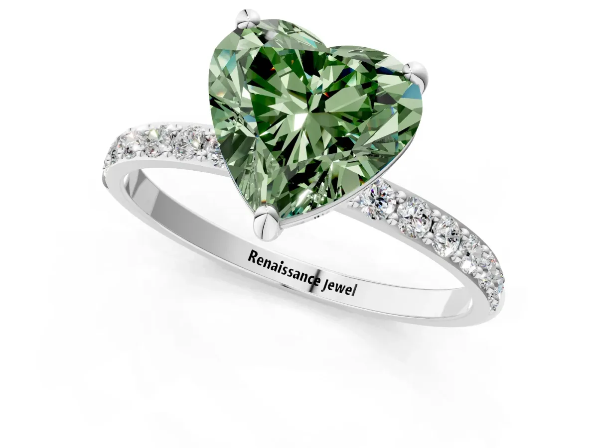 Fancy Green Heart Cut Diamond Solitaire Ring with Round Pavé Band and Prong Setting Silver