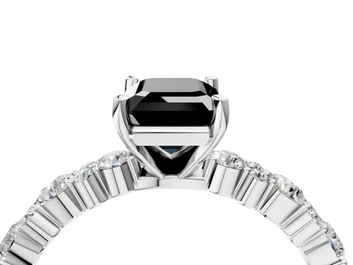 Fancy Black Emerald Cut Diamond Side Stone Solitaire Ring with Round and Four-Prong Setting Platinum