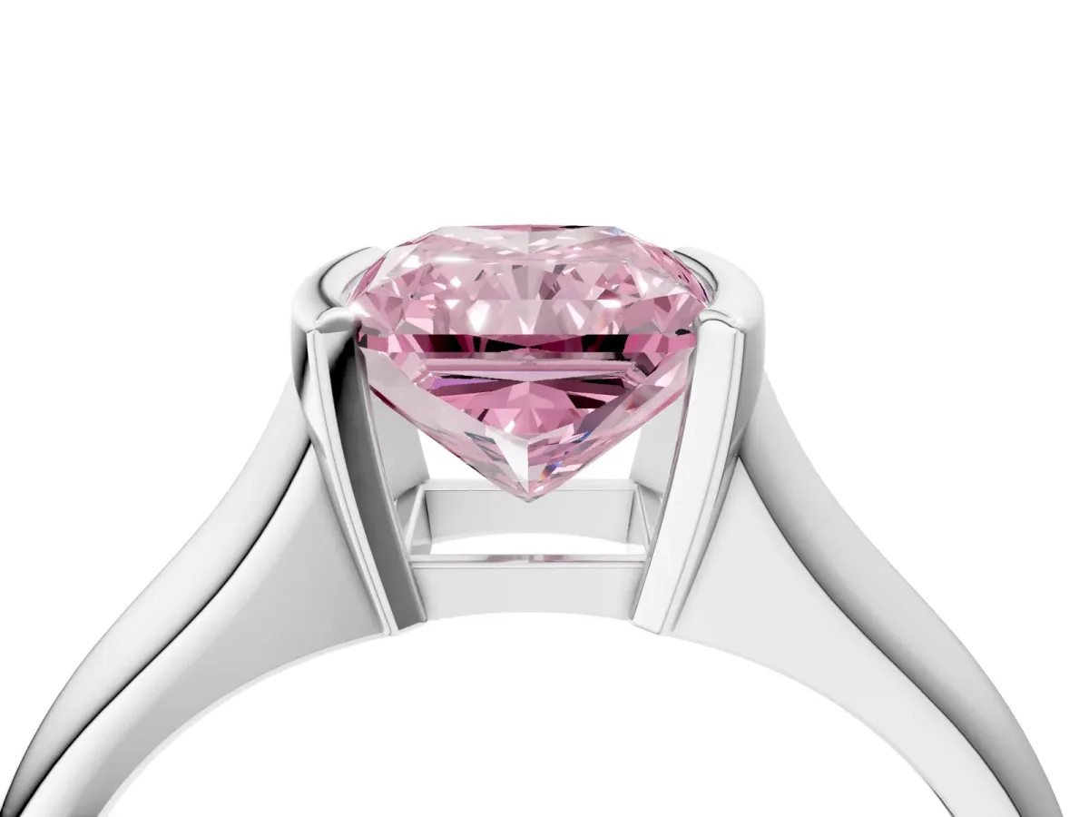Fancy Pink Radiant Cut Solitaire Tension Set Diamond Ring with Split Shank Band Platinum