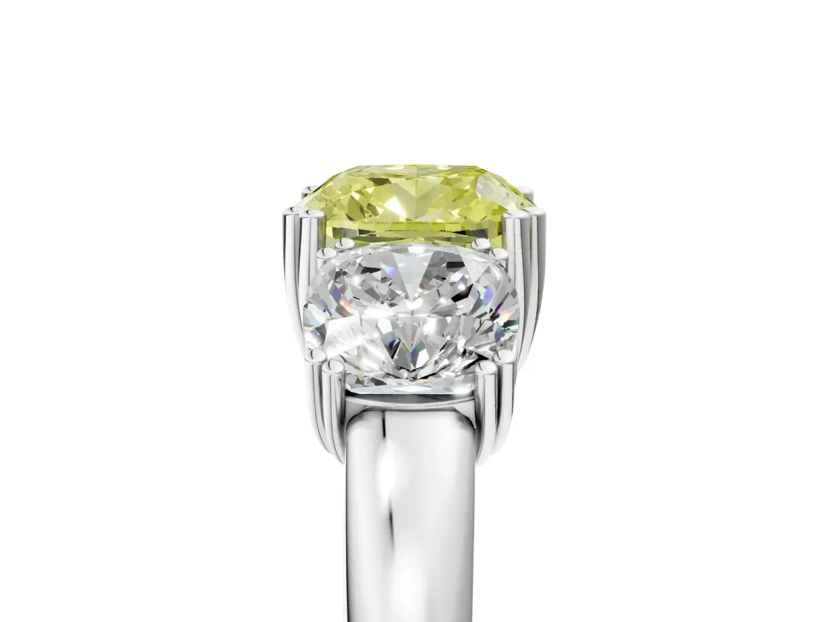 Fancy Yellow Three-Stone Cushion Cut Cut Diamond Ring with Channel Set Band and Four-Prong Setting Silver
