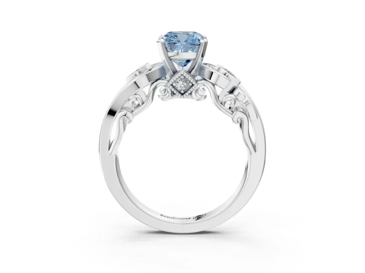 Fancy Blue Cushion Cut Diamond Solitaire Ring with Milgrain Pavé Band and Four-Prong Setting Silver
