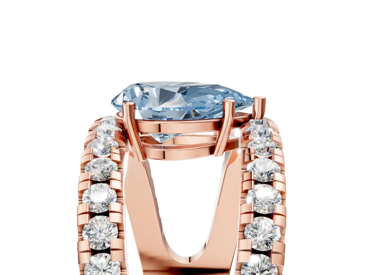 Fancy Blue Pear Cut Solitaire Split Shank Pave Diamond Ring Rose gold