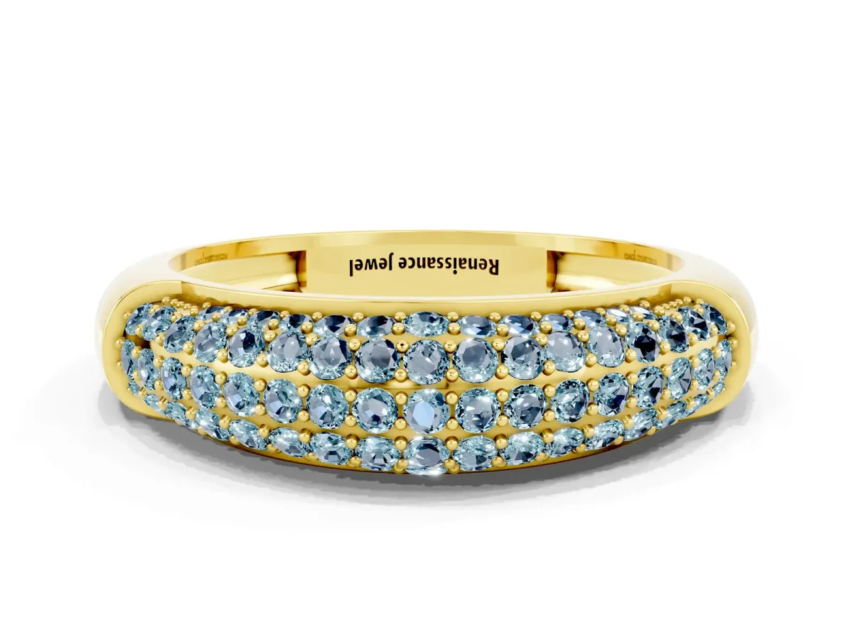 Three-Row Pavé Round Aquamarine Dome Band Yellow gold