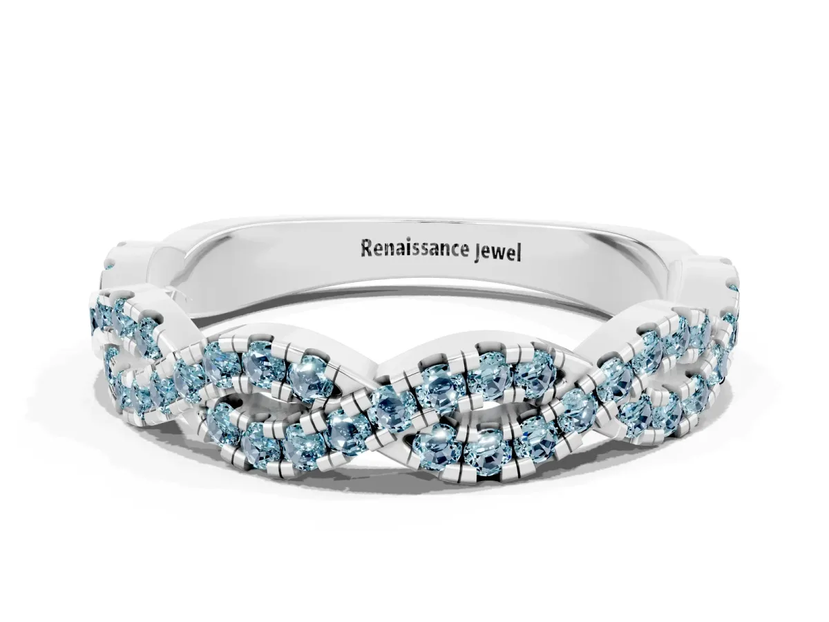 Round Aquamarine Twisted Eternity Band with Pavé and Shared Prong Setting Silver
