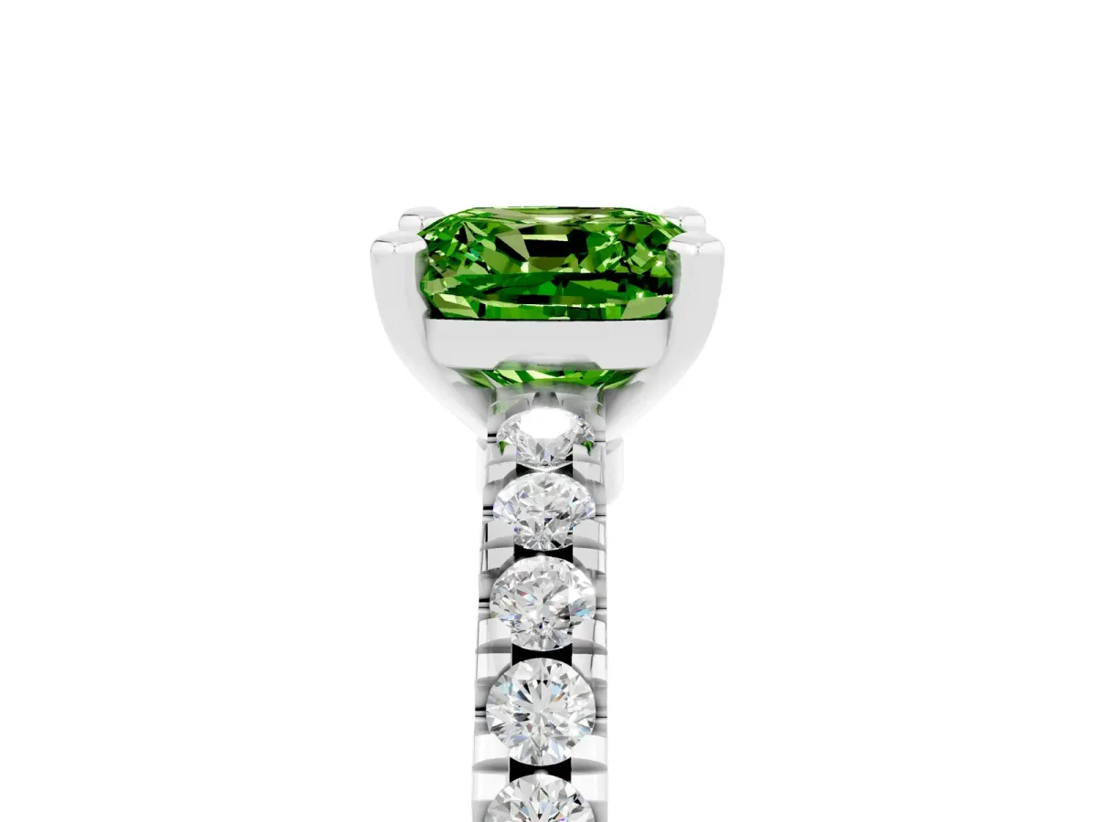 Cushion Cut Solitaire Peridot with Pavé Band and Four-Prong Setting Silver