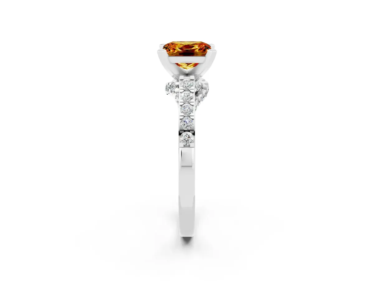 Princess Cut Citrine Solitaire Ring with Crossover Gallery and Round Pavé Band Silver