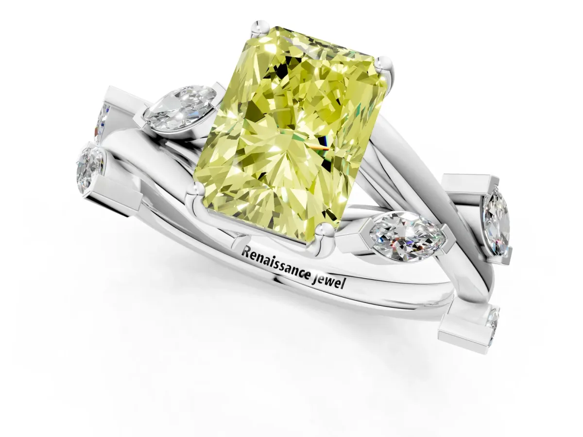 Fancy Yellow Radiant Cut Solitaire Twisted Band Marquise Accent Prong Setting Ring Platinum