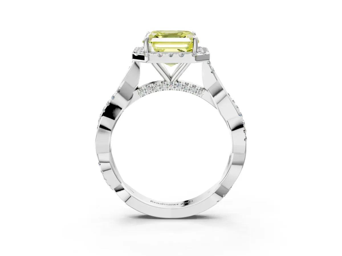 Fancy Yellow Asscher Cut Halo Twist Band Solitaire Ring Platinum