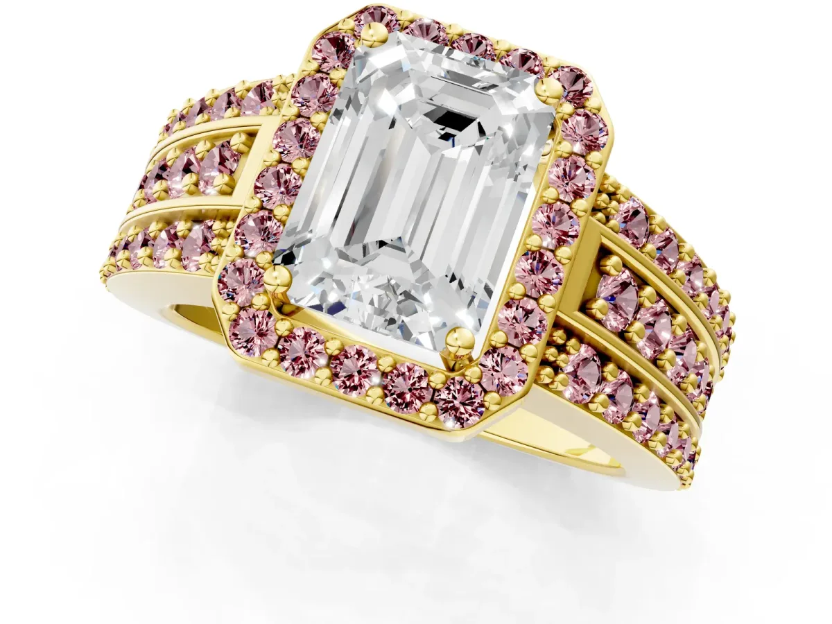 Emerald Cut Halo Diamond Ring with Round Morganite Split Shank and Prong Setting Yellow gold