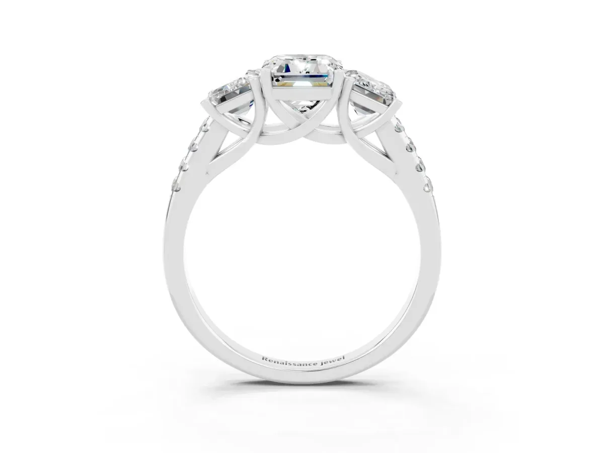 Three-Stone Emerald Cut Moissanite Ring with Round Pavé Band and Prong Setting Platinum