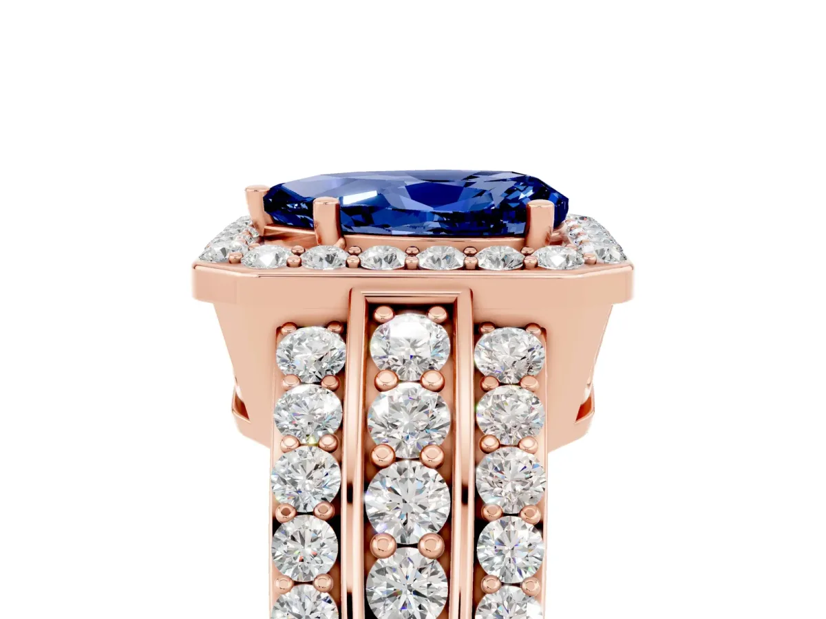Pear Cut Halo Blue Sapphire Ring with Round Split Shank and Prong Setting Rose gold