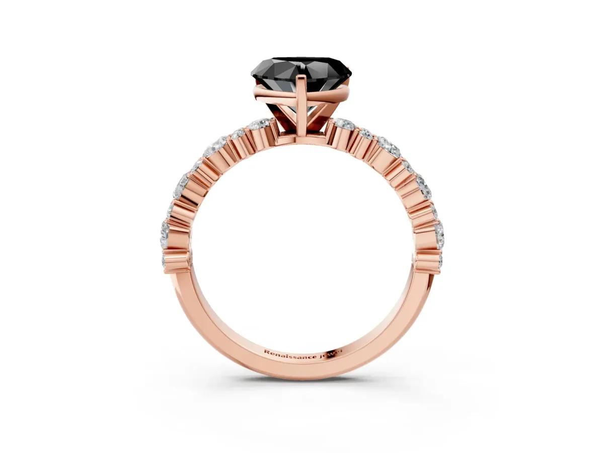 Fancy Black Heart Cut Diamond Side Stone Solitaire Ring with Round and Four-Prong Setting Rose gold