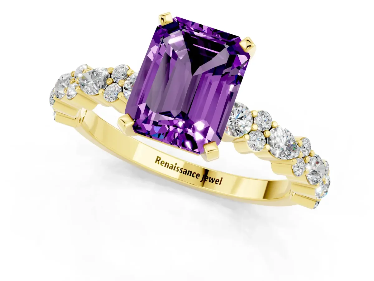 Emerald Cut Amethyst Side Stone Solitaire Ring with Round and Four-Prong Setting Yellow gold