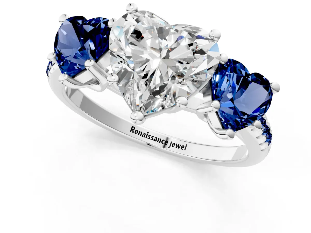 Three-Stone Heart Cut Diamond Ring with Round Blue Sapphire Pavé Band and Prong Setting Silver