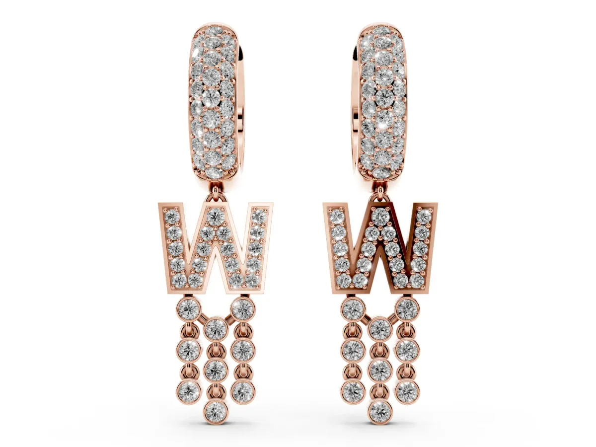 Round Diamond Initial W Huggie Hoop Earrings Rose gold