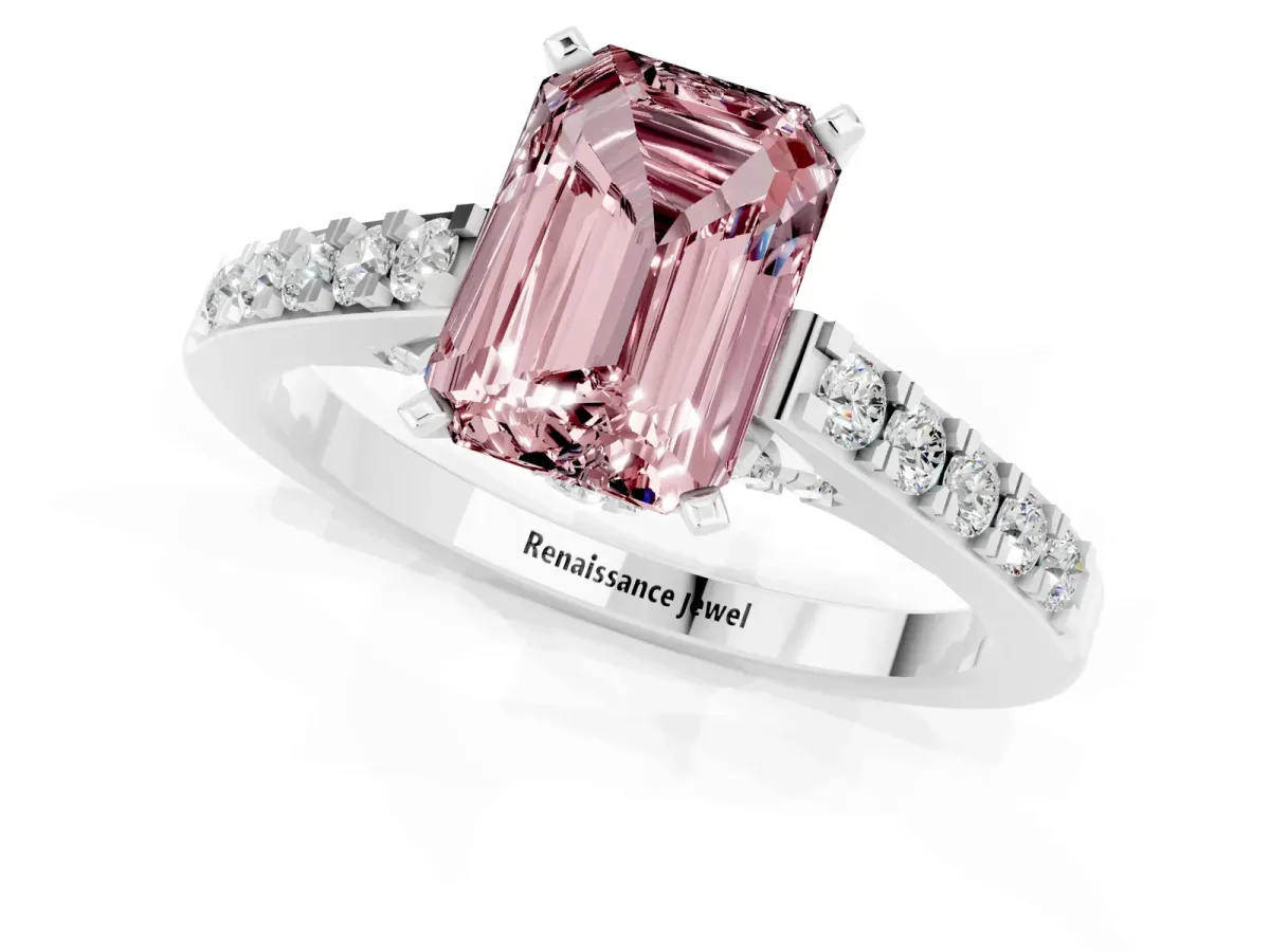 Emerald Cut Morganite Solitaire Ring with Crossover Gallery and Round Pavé Band Silver