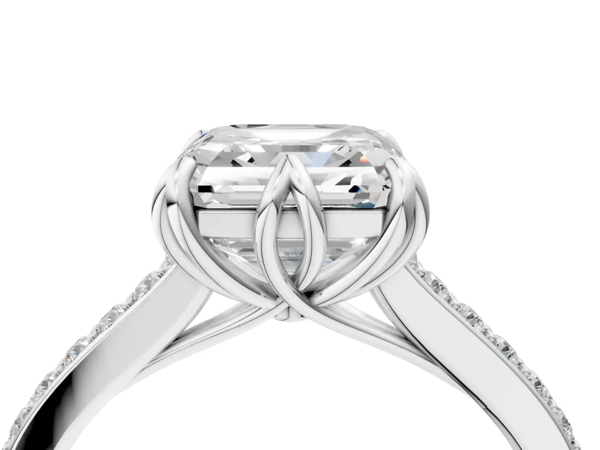 Asscher Cut Solitaire Diamond Engagement Ring with Pave Band and Six-Prong Setting Platinum