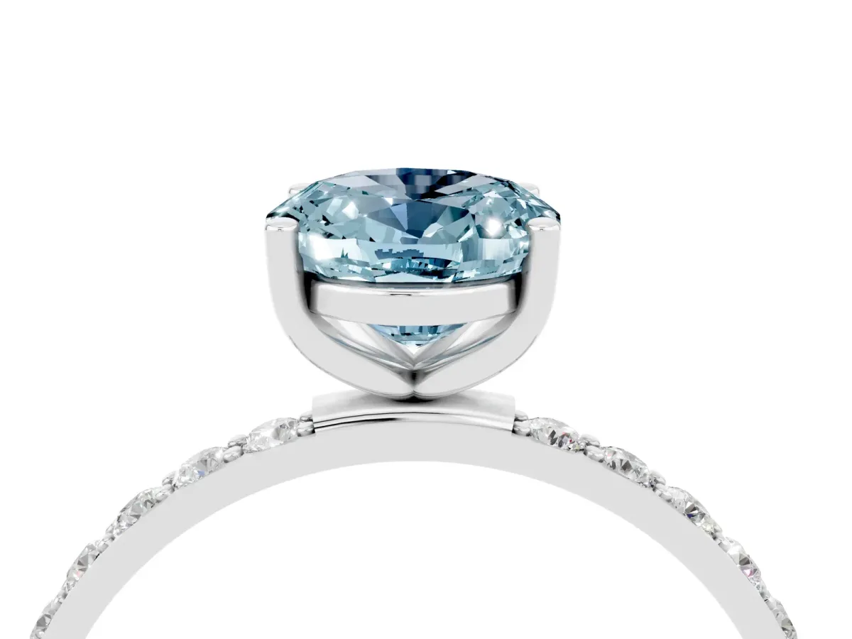 Oval Cut Aquamarine Solitaire Ring with Round Pavé Band and Prong Setting Silver