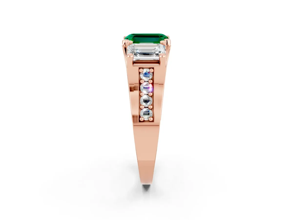 Emerald Cut Emerald Three-Stone Ring with Channel Set Band and Four-Prong Setting Rose gold