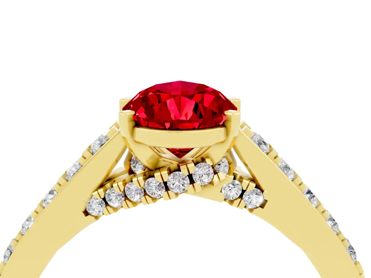 Pear Cut Ruby Solitaire Ring with Crossover Gallery and Round Pavé Band Yellow gold