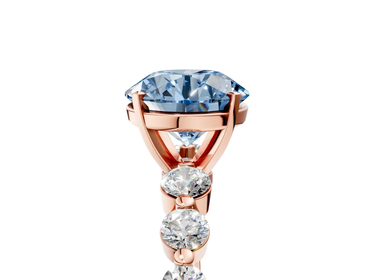 Fancy Blue Round Cut Solitaire Diamond Ring with Pave Band and Four-Prong Setting Rose gold