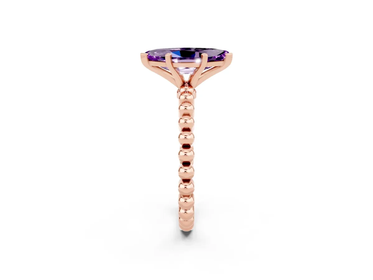 Marquise Cut Amethyst Solitaire Ring with Beaded Band and Prong Setting Rose gold