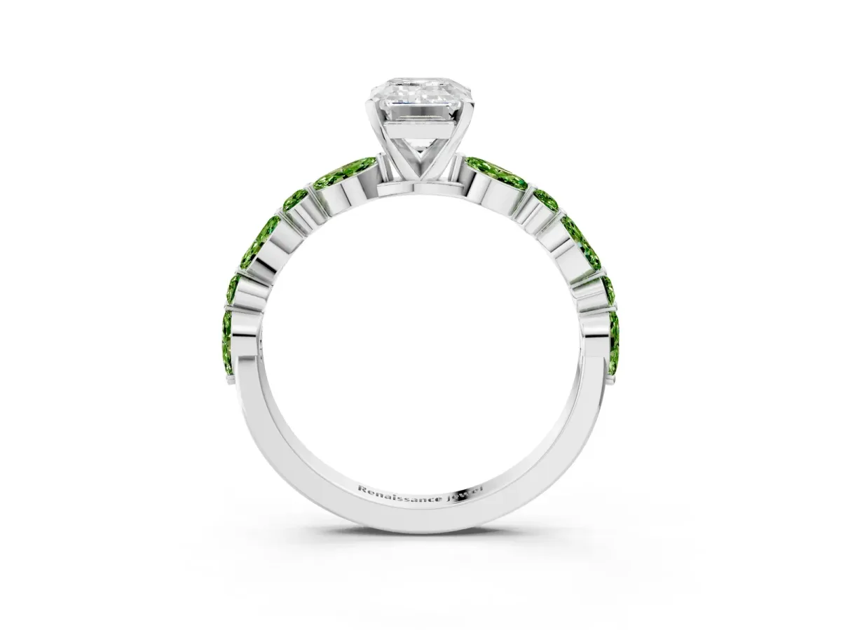 Emerald Cut Diamond Ring with Marquise and Round Peridot Side Stones and Four-Prong Setting Silver