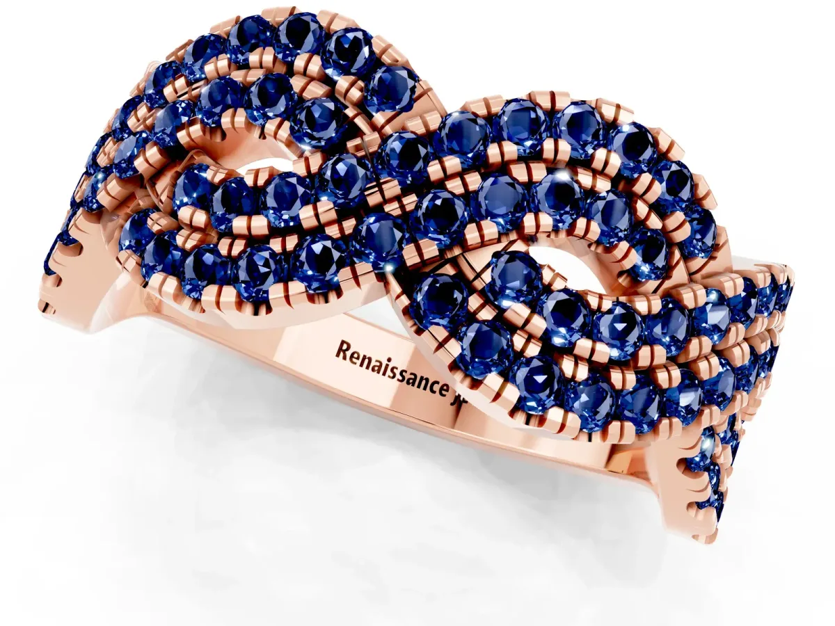 Pavé Round Blue Sapphire Infinity Twist Band with Shared Prong Setting Rose gold