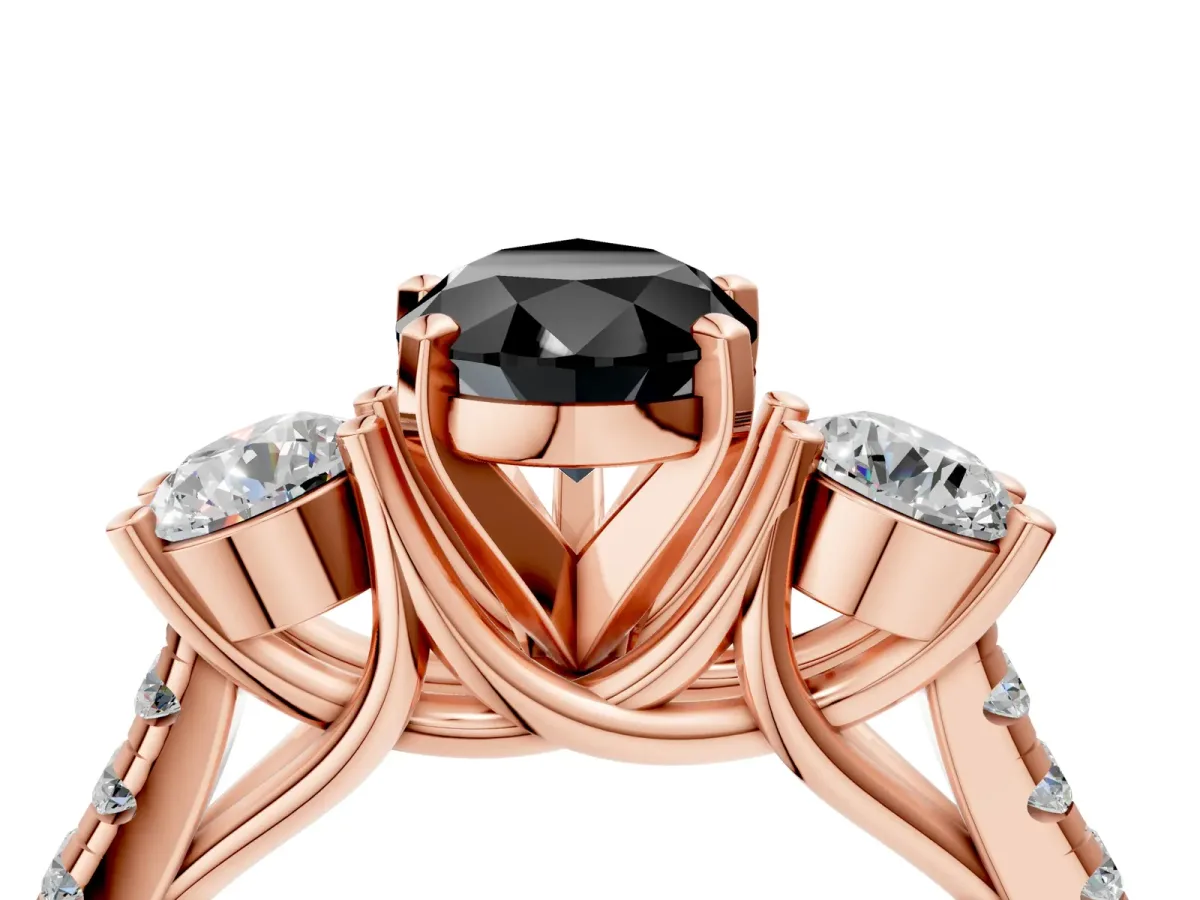 Fancy Black Three-Stone Pear Cut Diamond Pavé Band with Four-Prong Setting Rose gold