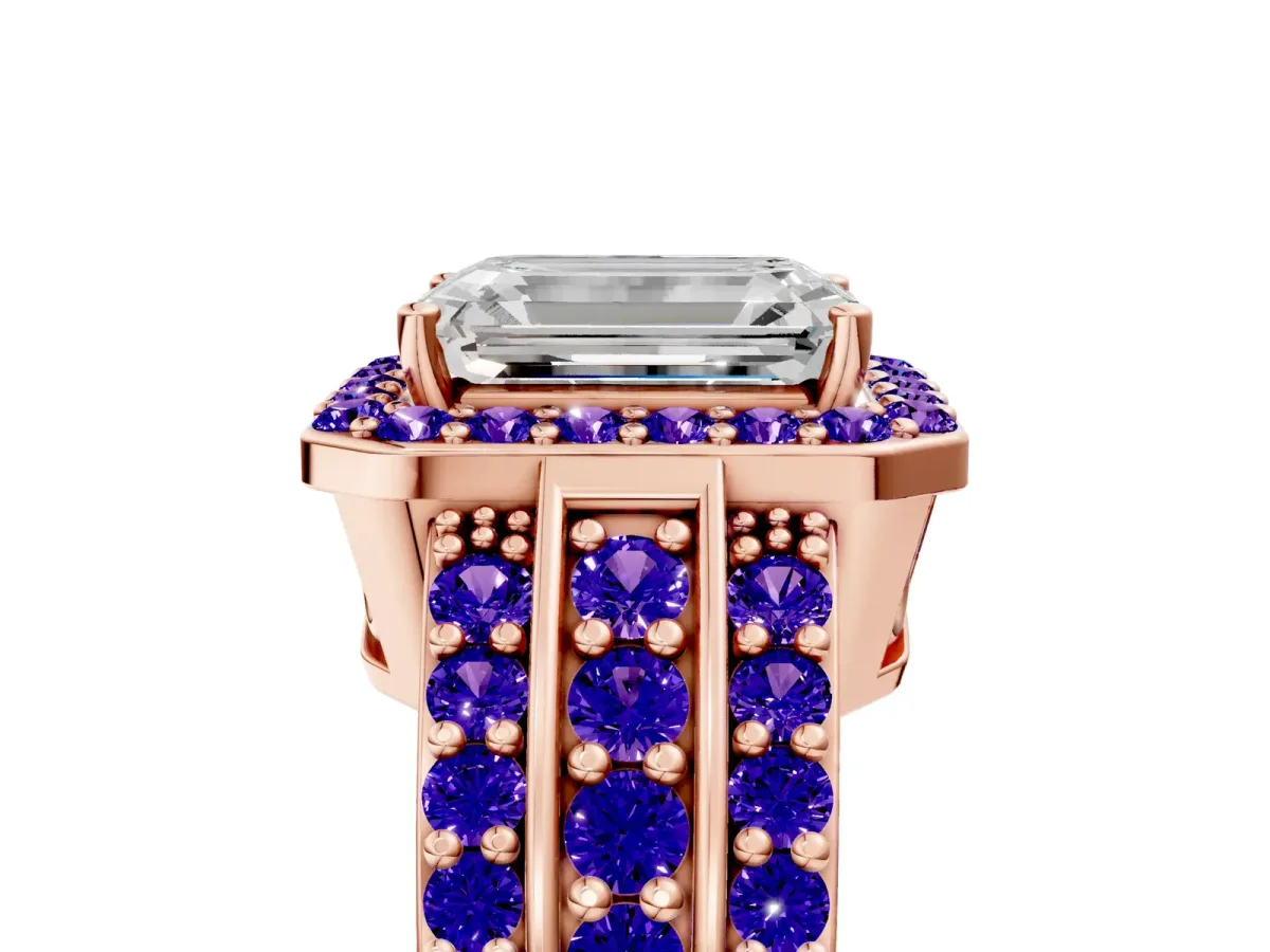 Emerald Cut Halo Diamond Ring with Round Tanzanite Split Shank and Prong Setting Rose gold