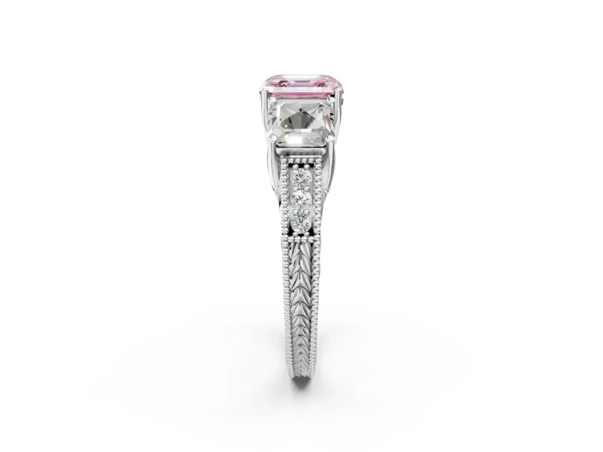 Fancy Pink Three-Stone Asscher Cut Cut Milgrain Pavé Engagement Ring Platinum