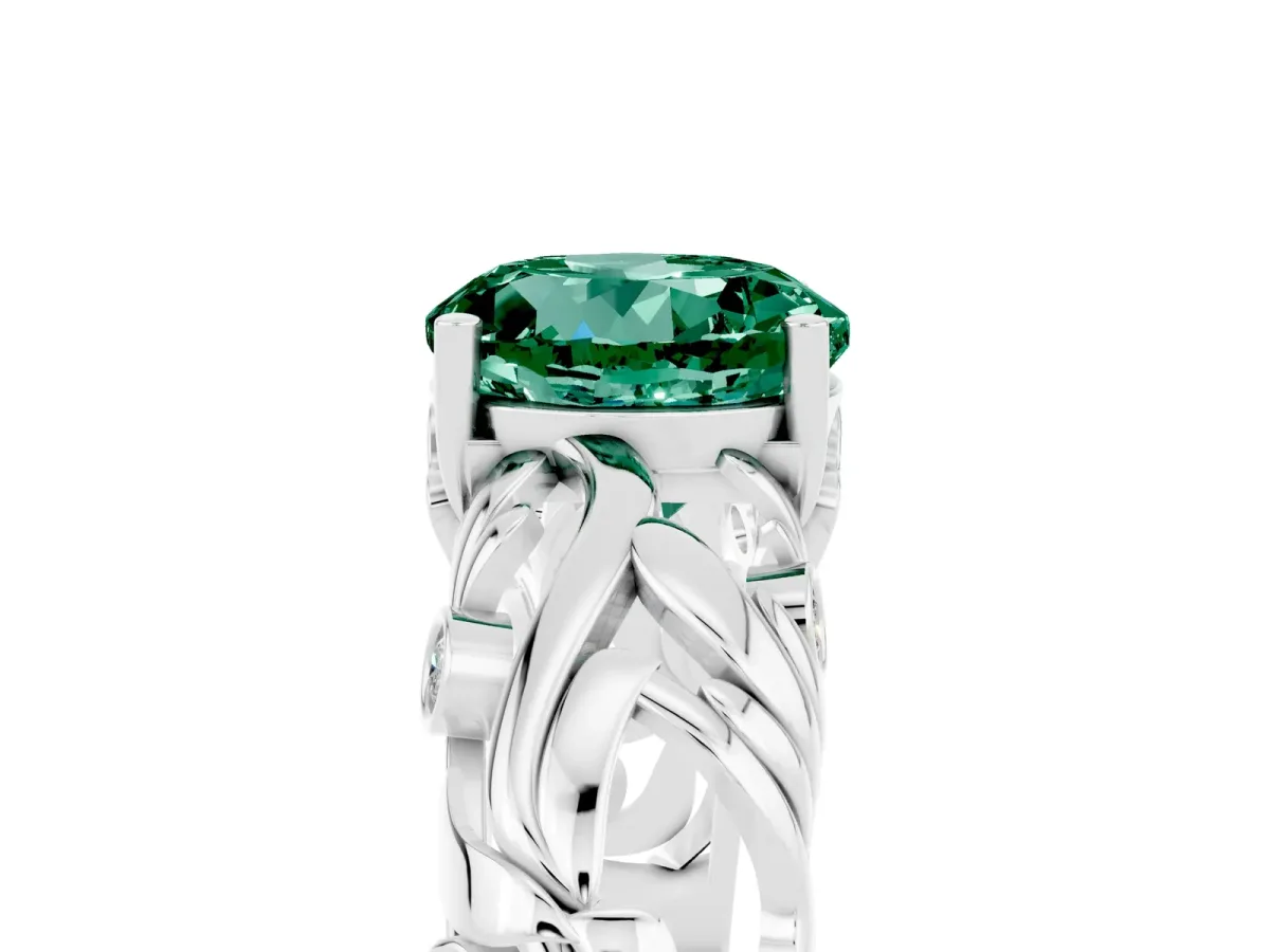 Round Cut Solitaire Green Sapphire Leaf-Inspired Vine Band Ring with Prong Setting Silver