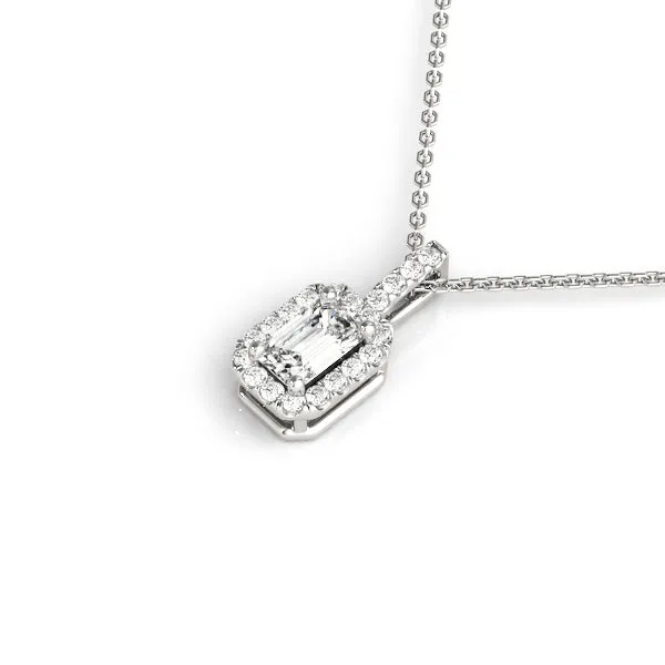 Emerald Cut Diamond Halo Pendant with Prong Setting White gold