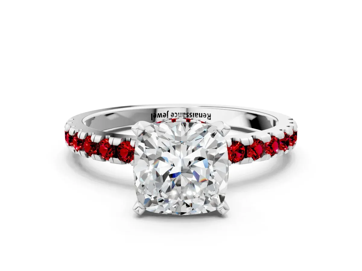 Cushion Cut Diamond Solitaire Ring with Round Ruby Pavé Band and Four-Prong Setting Platinum