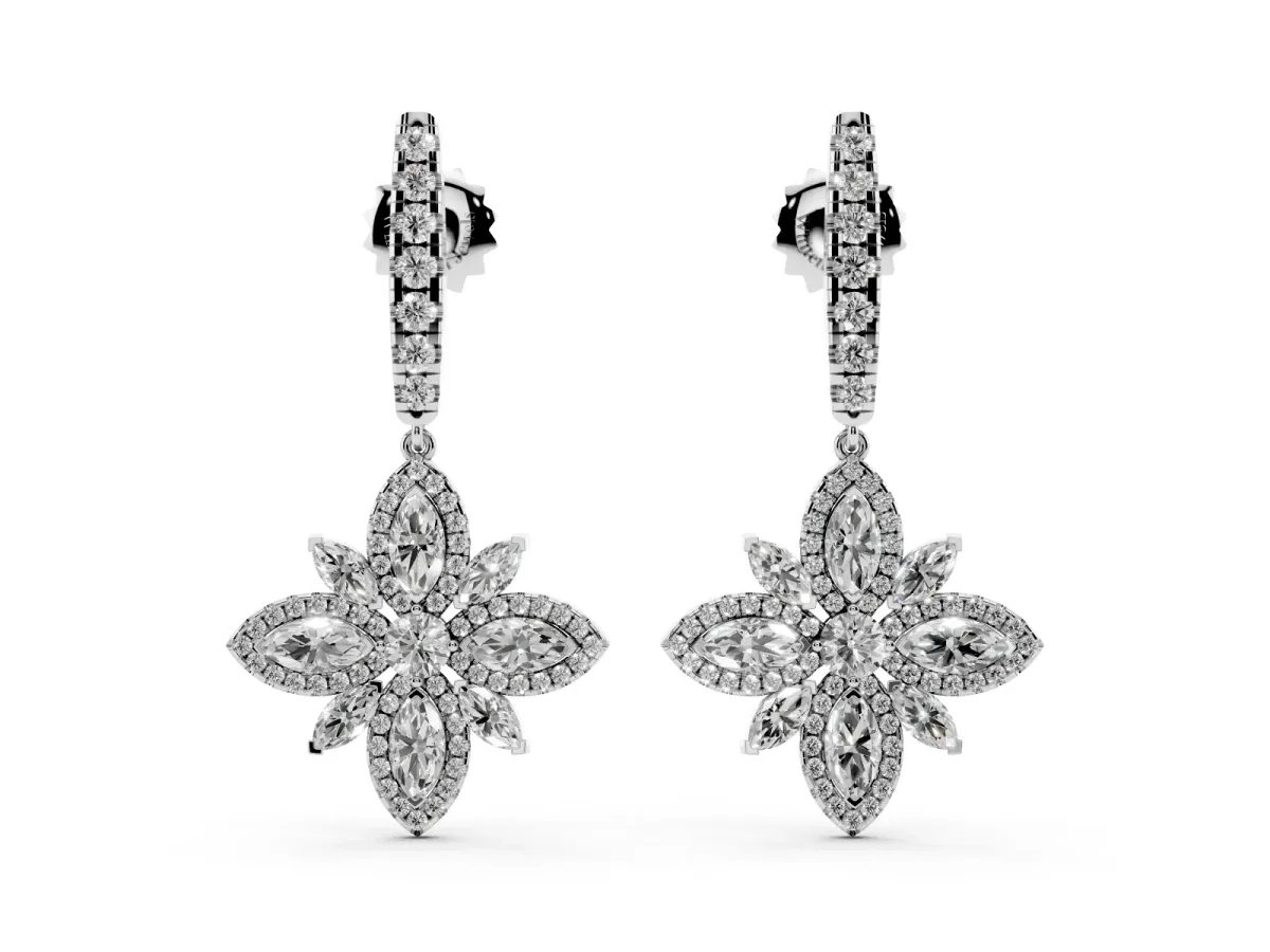 Marquise and Round Diamond Floral Huggie Drop Earrings White gold